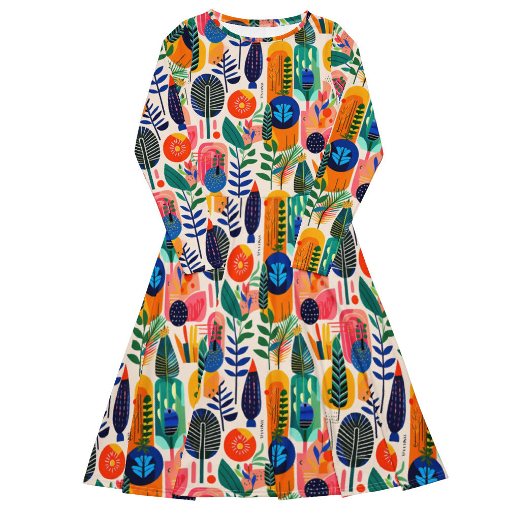 All-over print long sleeve midi dress 254B