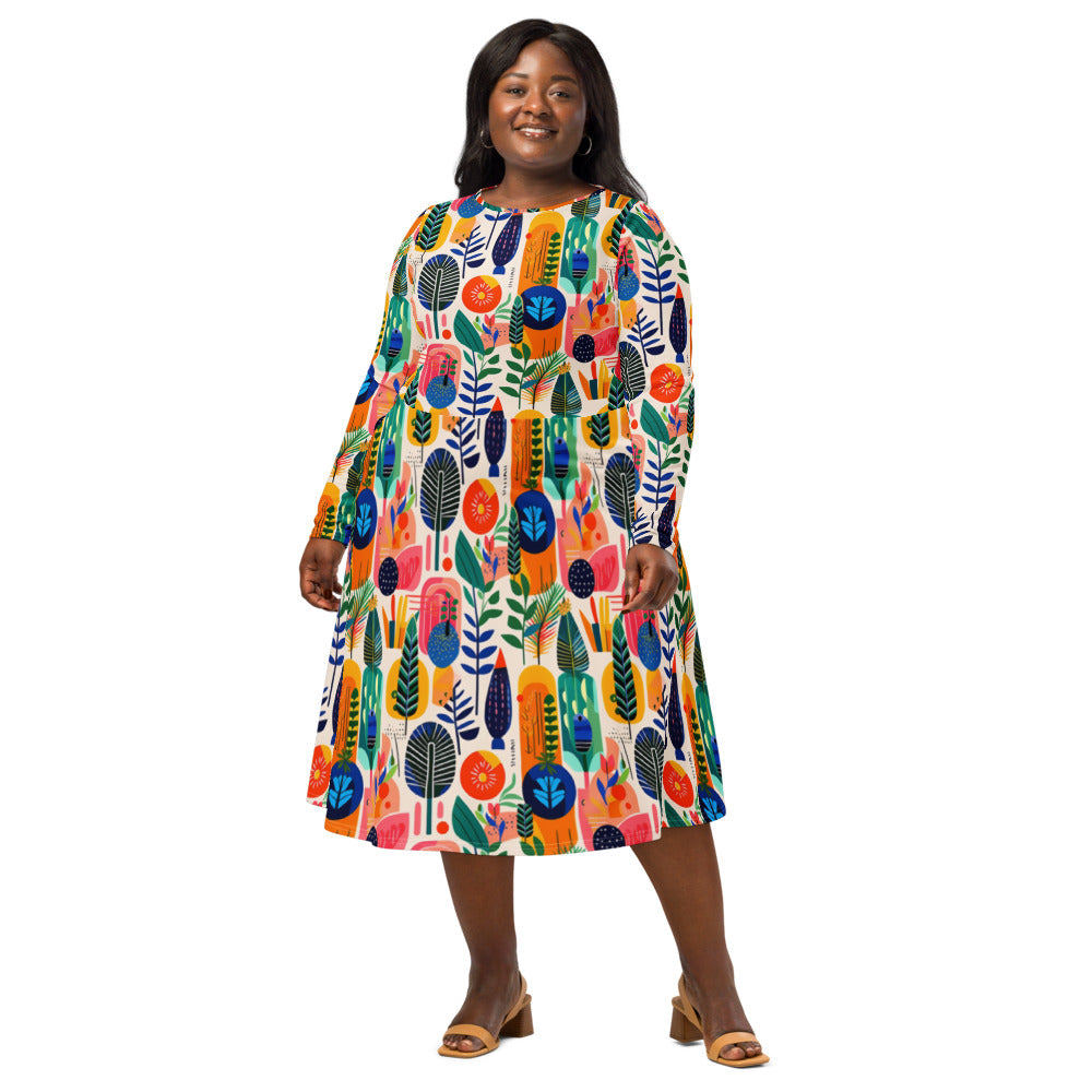 All-over print long sleeve midi dress 254B