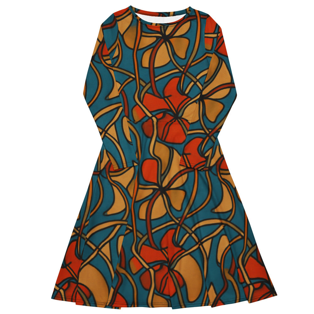 All-over print long sleeve midi dress 256A