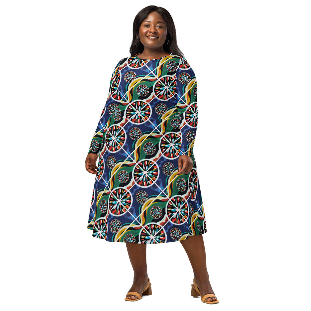 All-over print long sleeve midi dress 260B