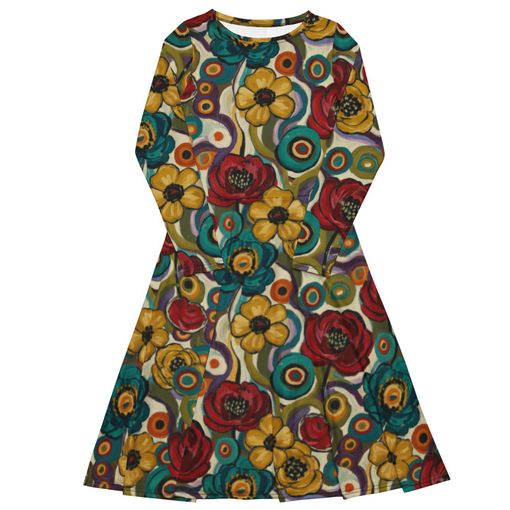 All-over print long sleeve midi dress 264