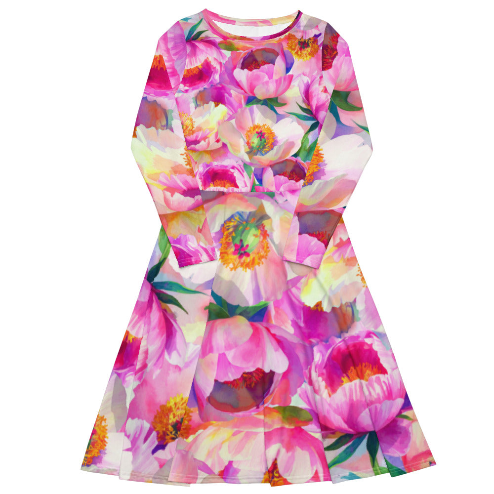 All-over print long sleeve midi dress 266D