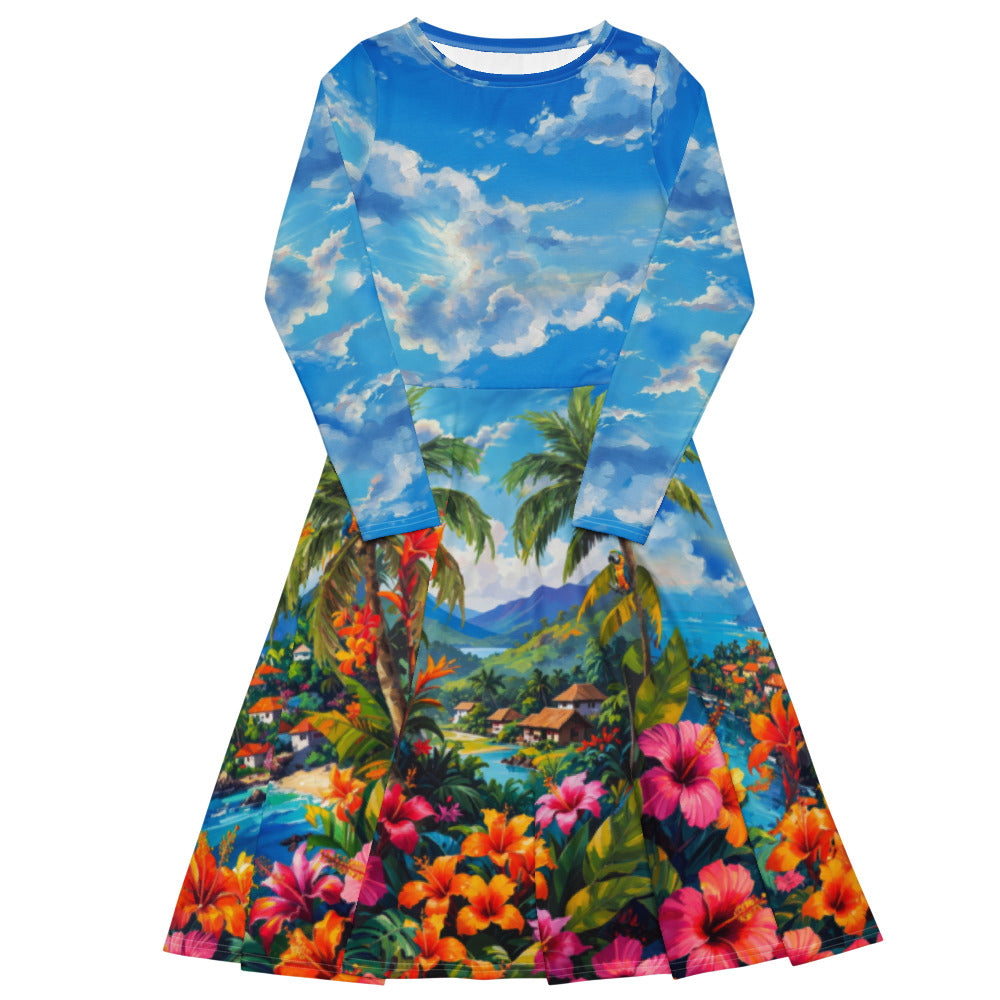 All-over print long sleeve midi dress 271