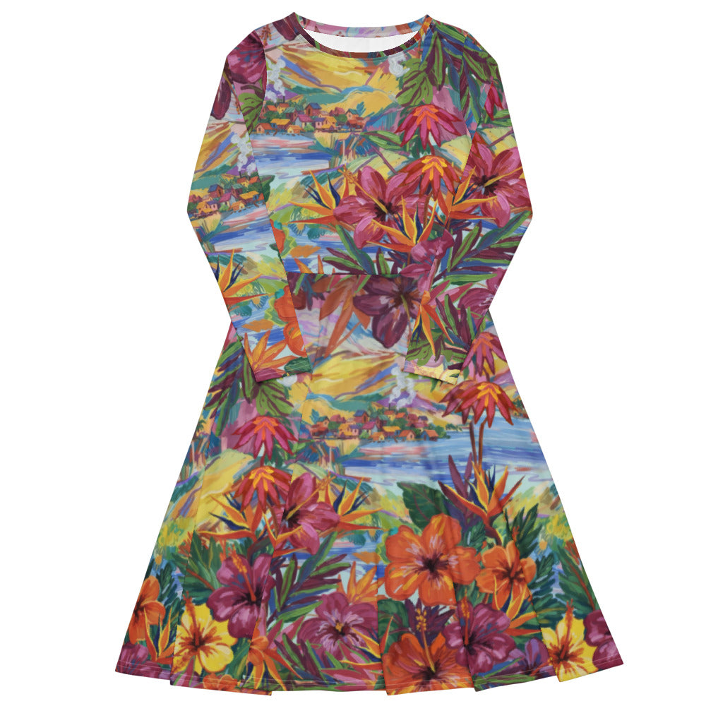 All-over print long sleeve midi dress 273