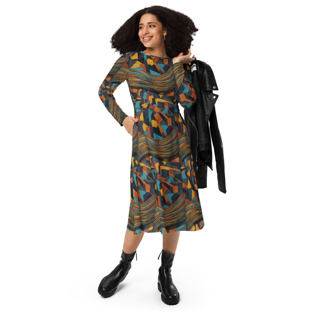 All-over print long sleeve midi dress 277
