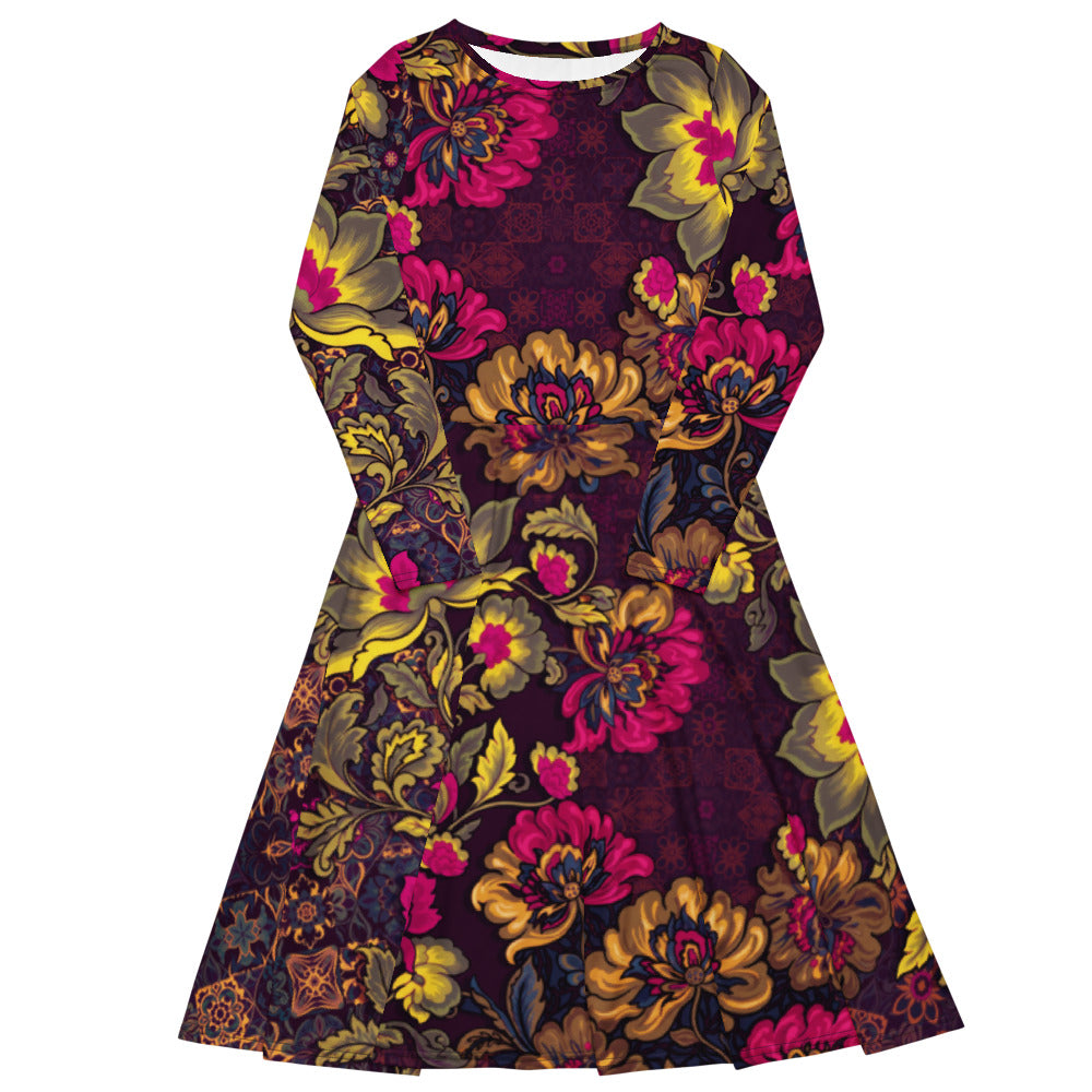 All-over print long sleeve midi dress 282