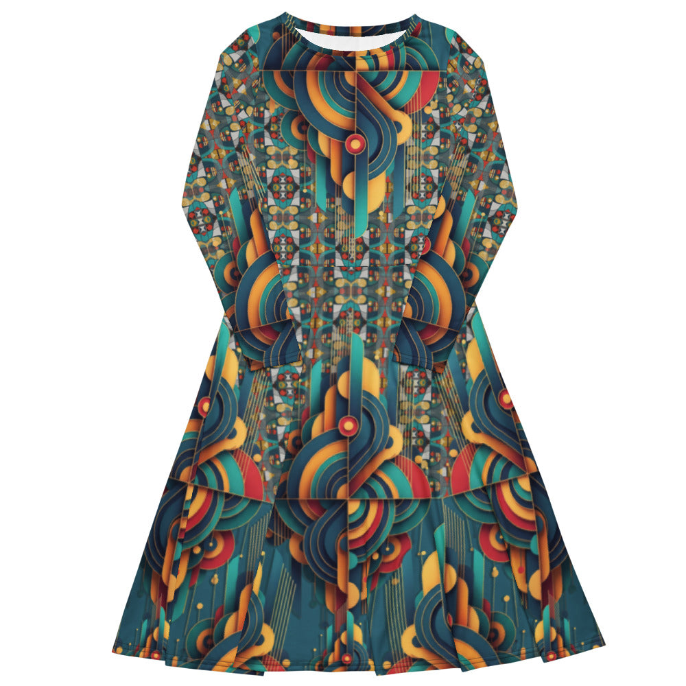 All-over print long sleeve midi dress 283D