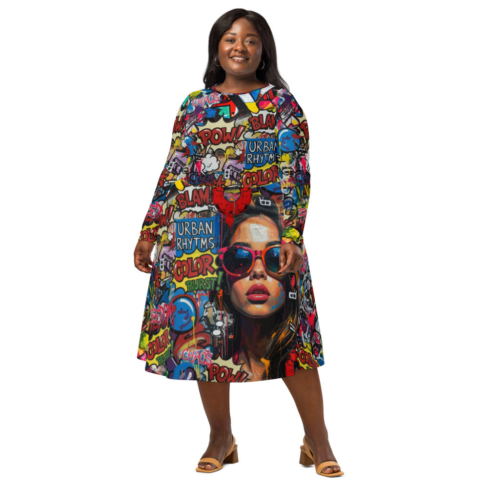 All-over print long sleeve midi dress 279