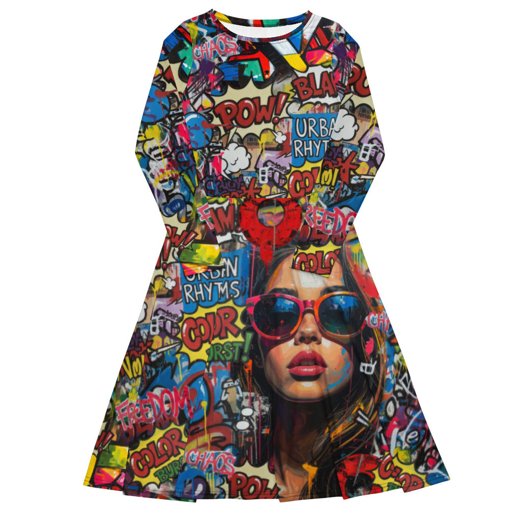 All-over print long sleeve midi dress 279