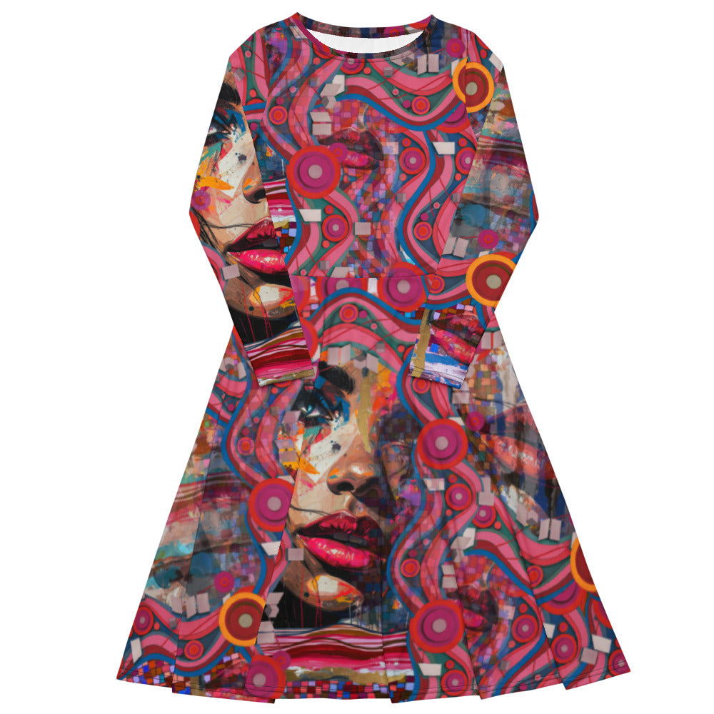 All-over print long sleeve midi dress 288B2