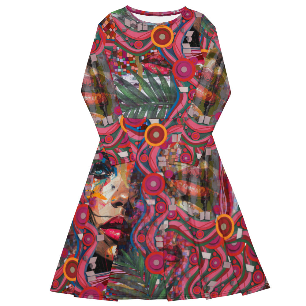 All-over print long sleeve midi dress 288C