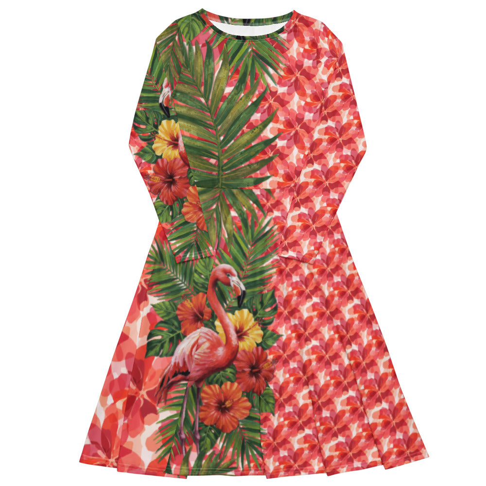 All-over print long sleeve midi dress 293