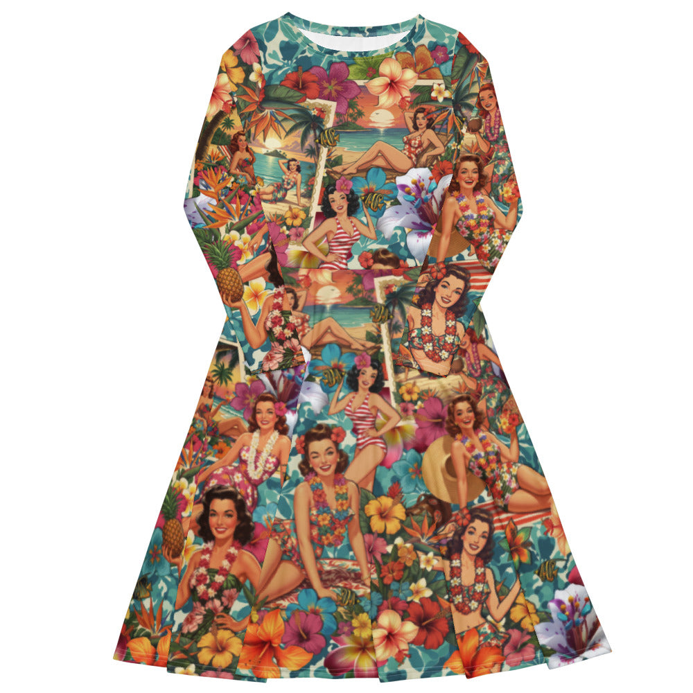 All-over print long sleeve midi dress 297