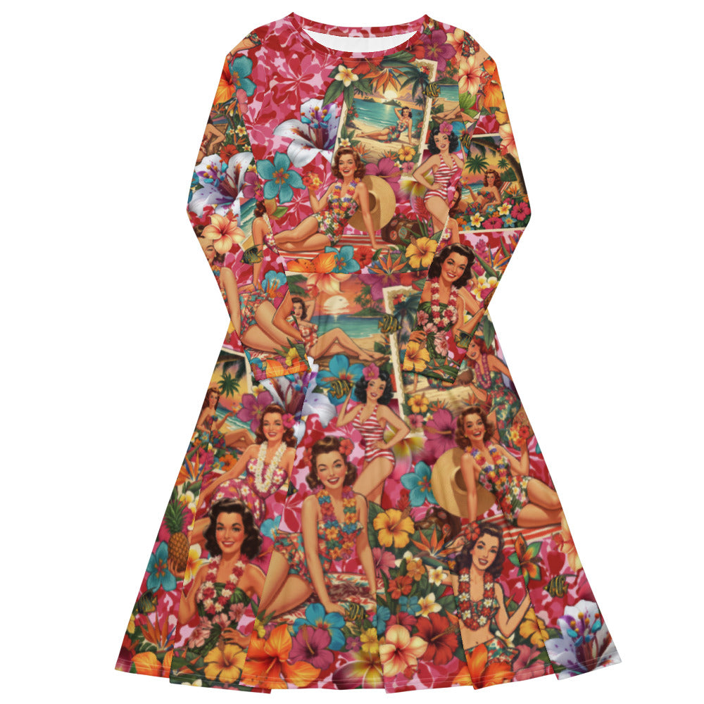 All-over print long sleeve midi dress 297kl2