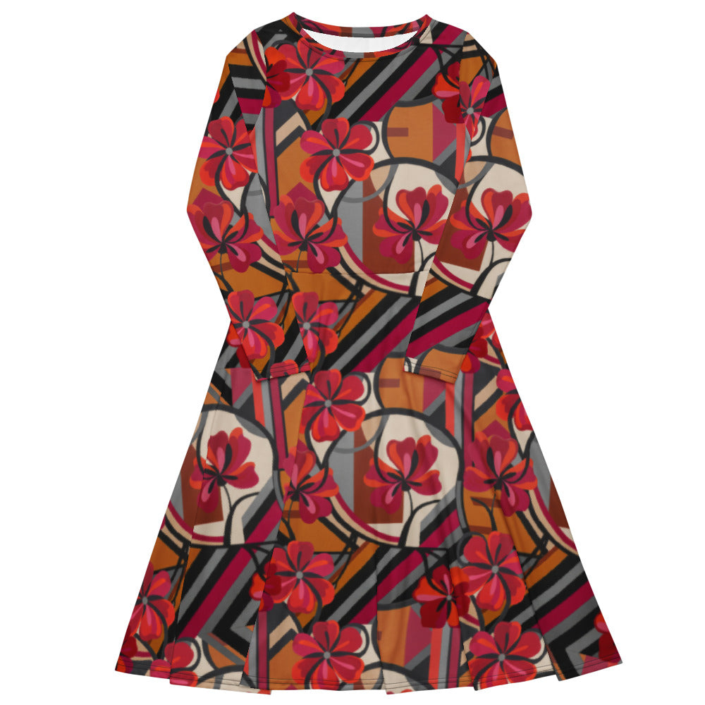 All-over print long sleeve midi dress 300