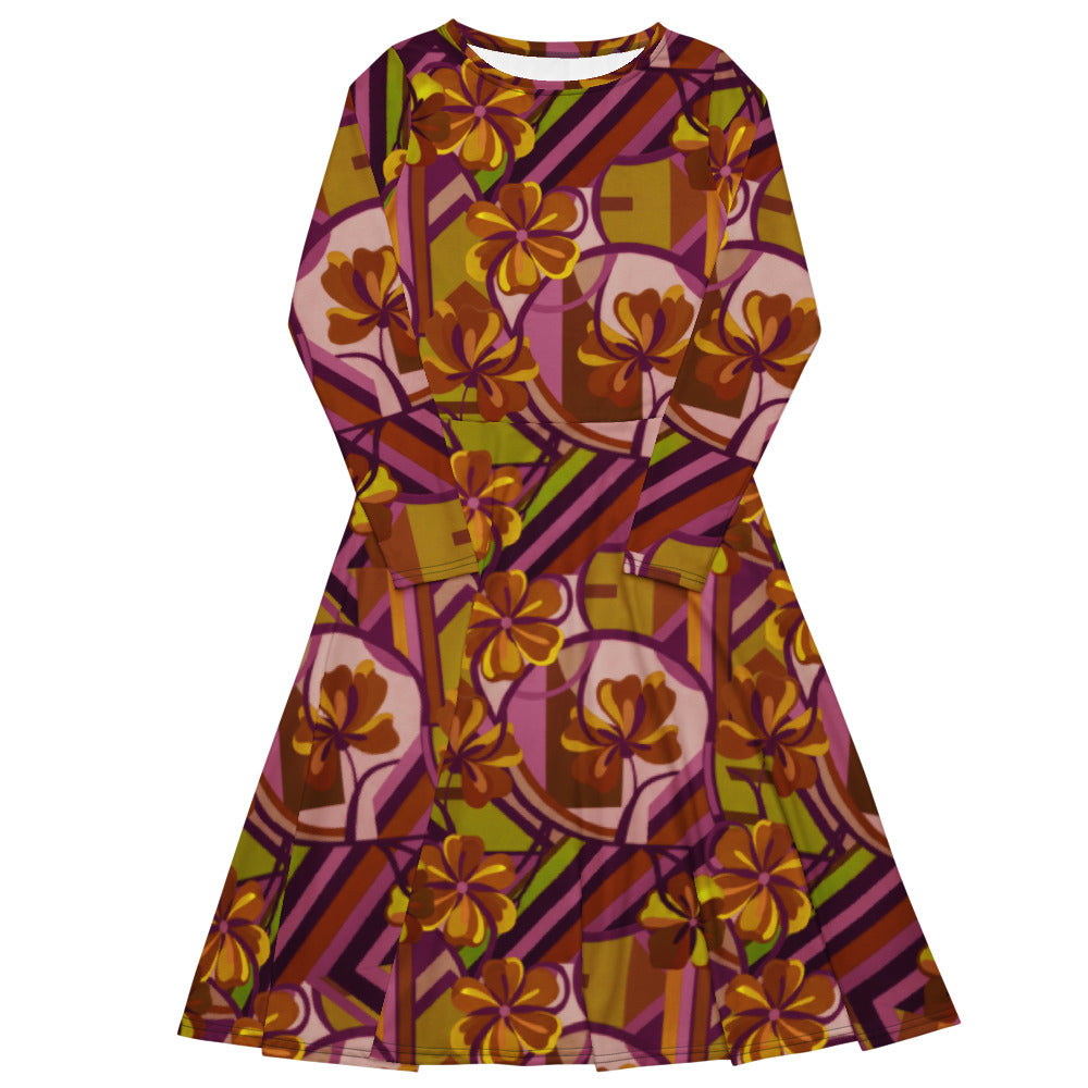 All-over print long sleeve midi dress 300kl3