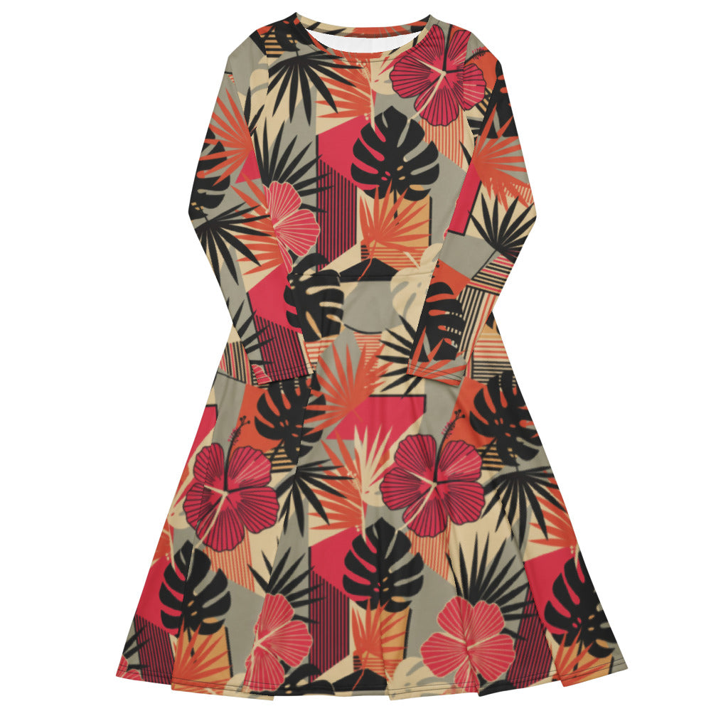 All-over print long sleeve midi dress 302kl1