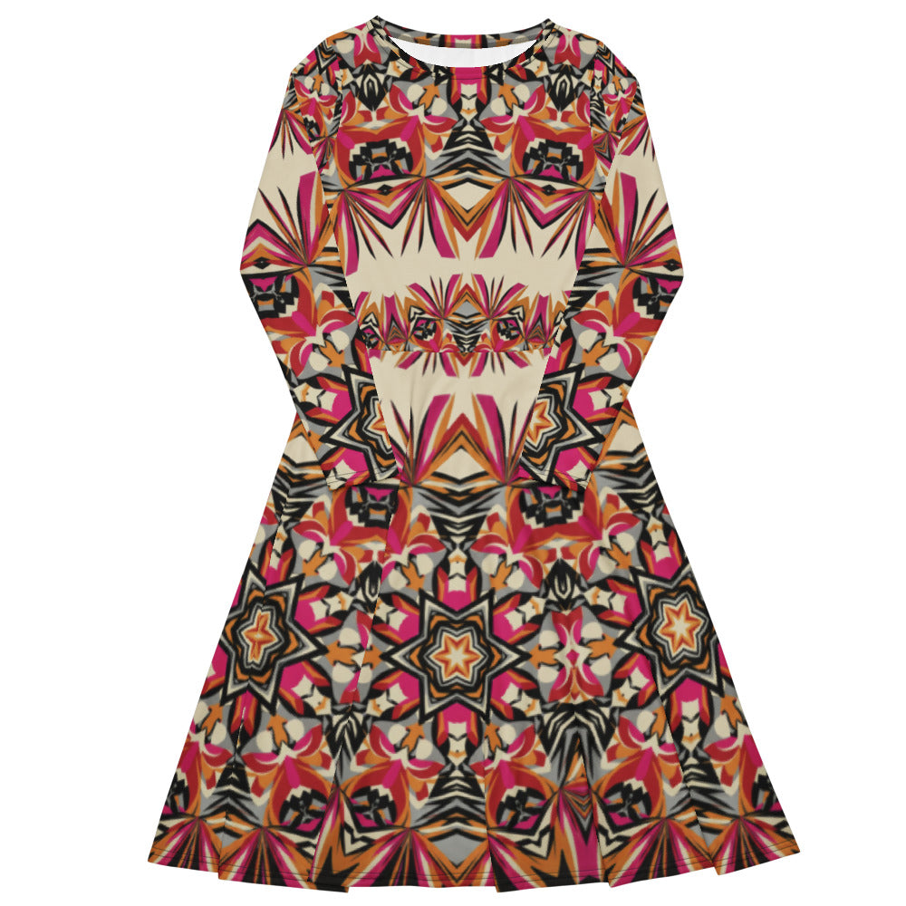 All-over print long sleeve midi dress 301Bkl1