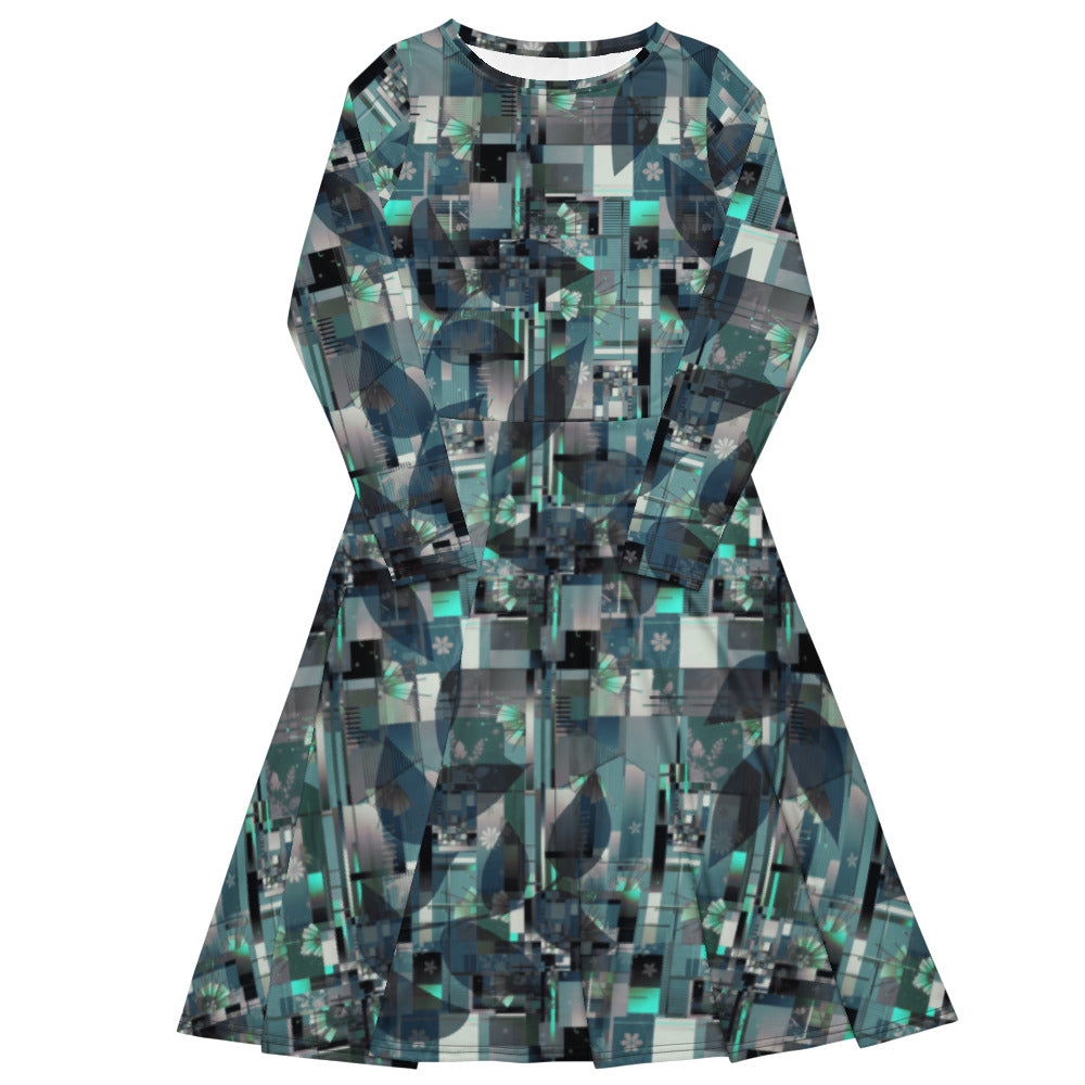 All-over print long sleeve midi dress 305Bkl2