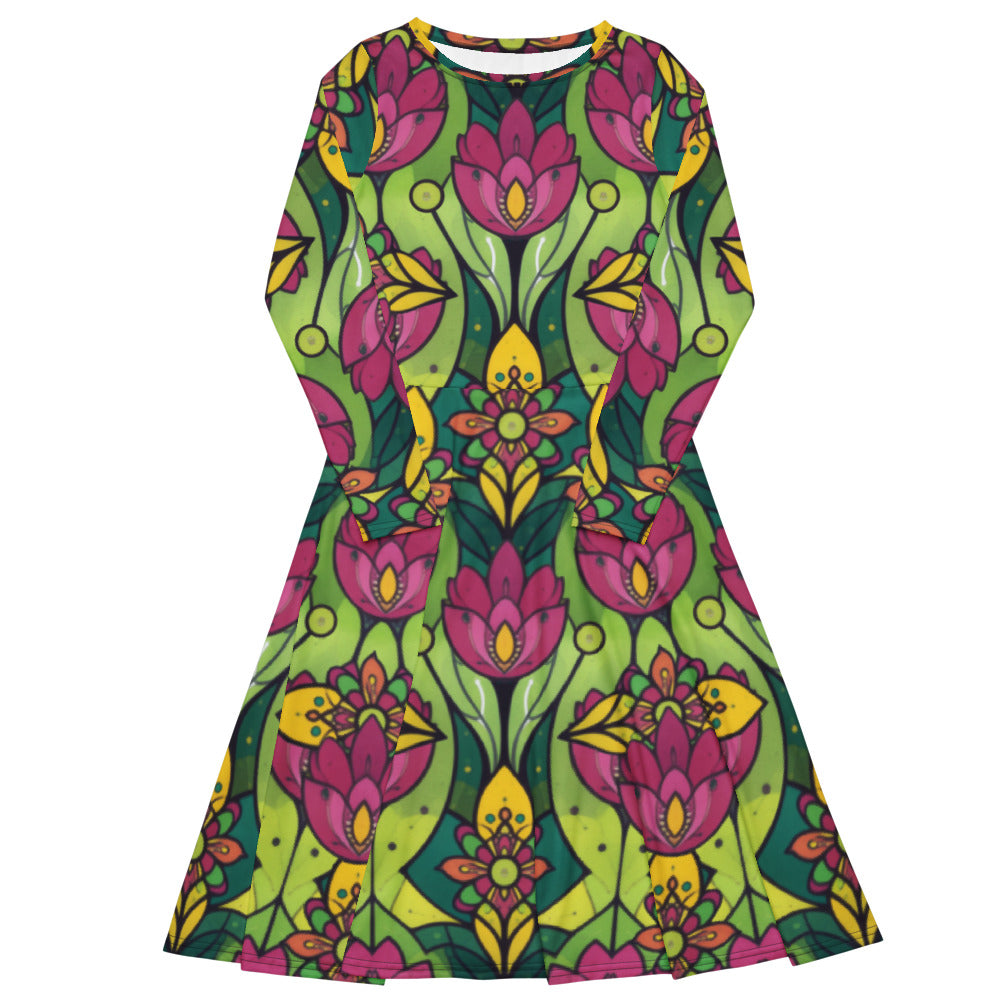 All-over print long sleeve midi dress 286