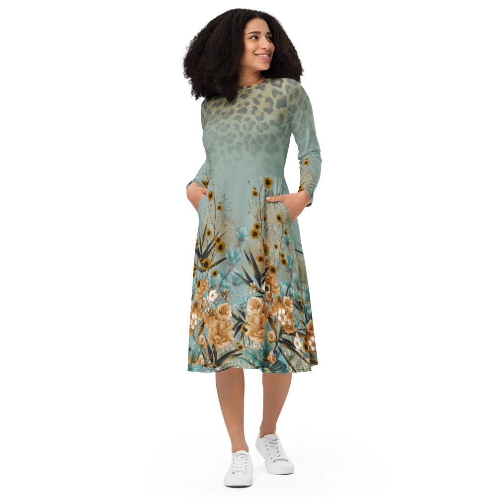 All-over print long sleeve midi dress tijger flowers