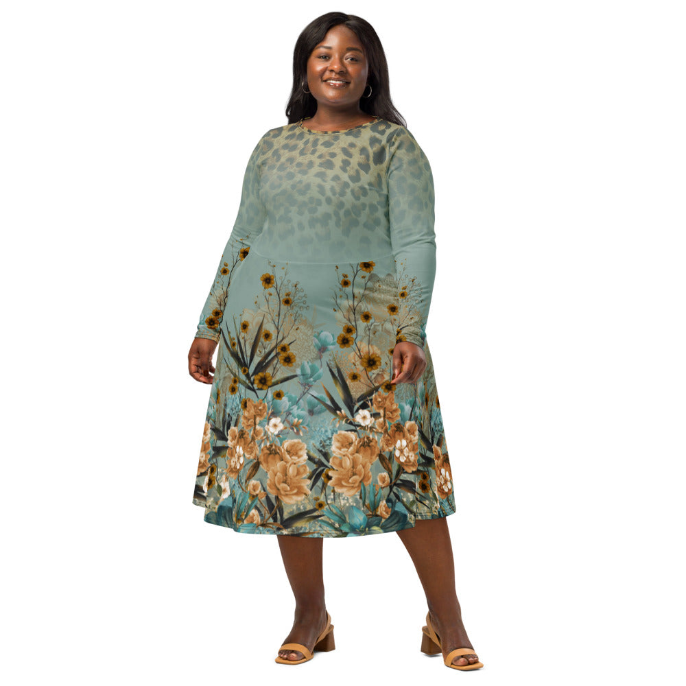 All-over print long sleeve midi dress tijger flowers