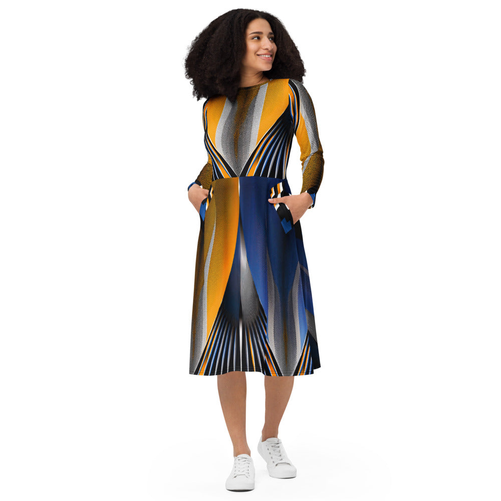 All-over print long sleeve midi dress 148D