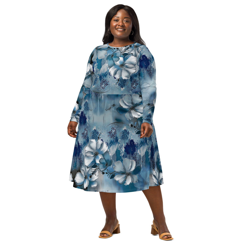 All-over print long sleeve midi dress 59C