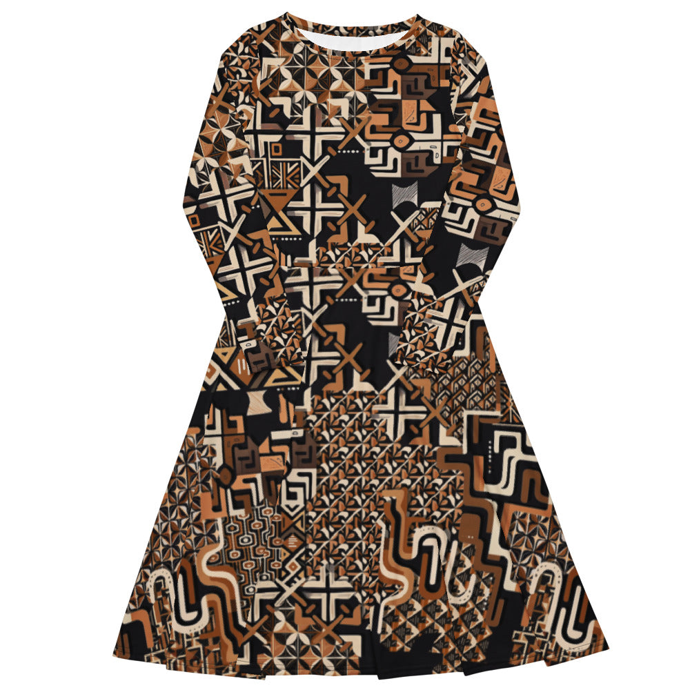 All-over print long sleeve midi dress 174