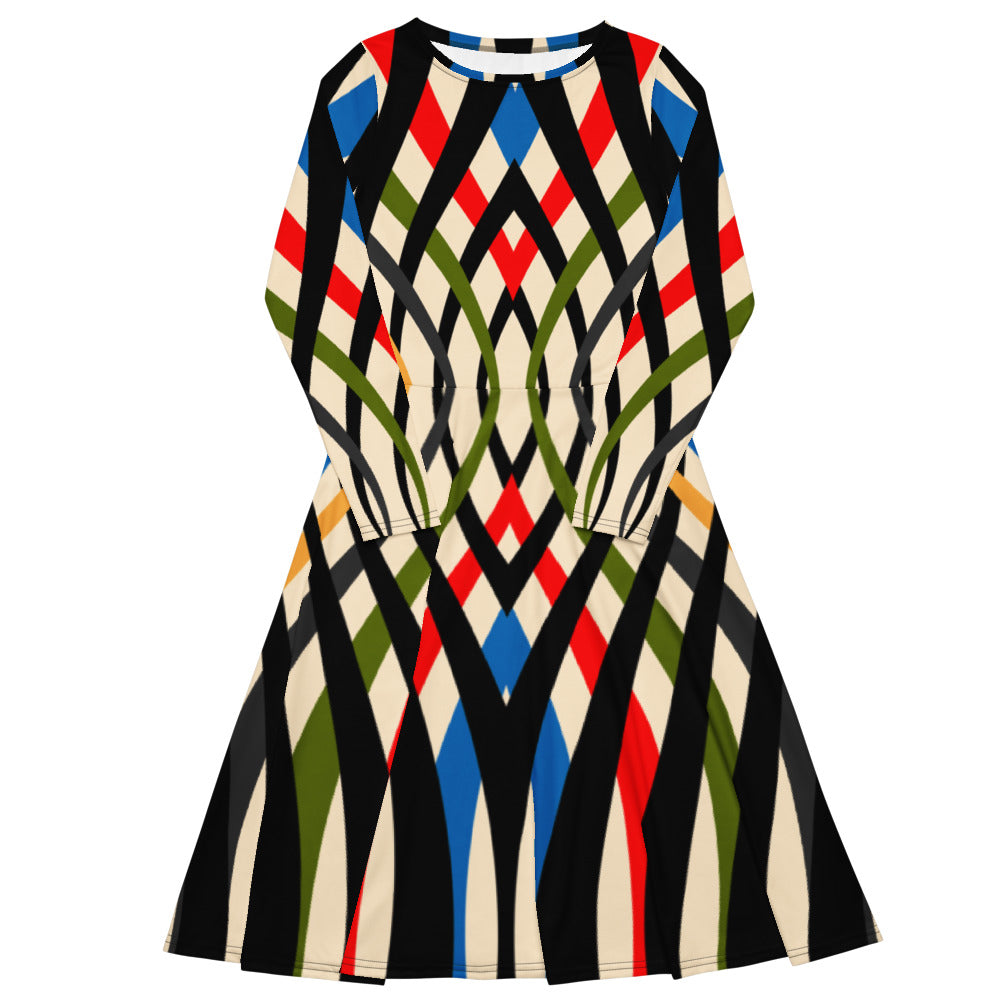 All-over print long sleeve midi dress 119B2