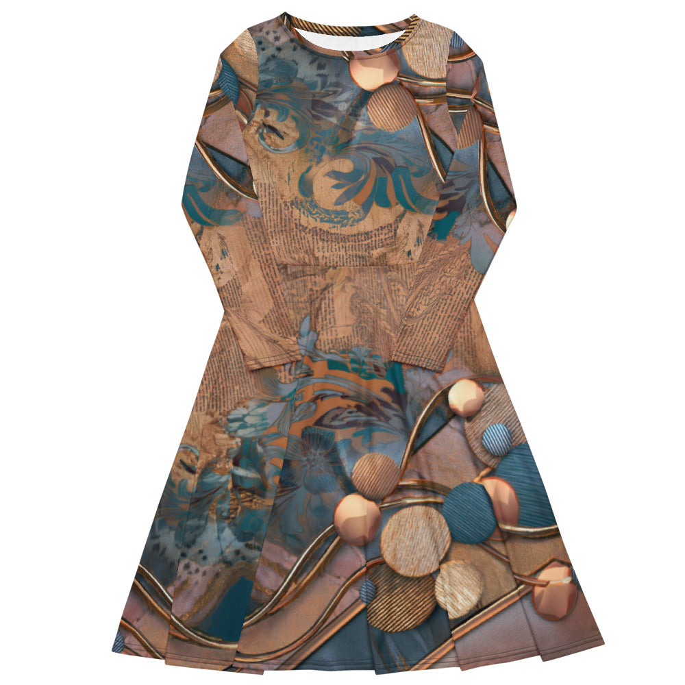 All-over print long sleeve midi dress 63