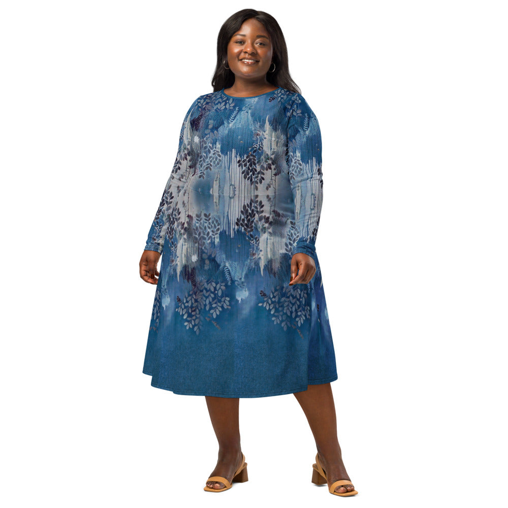 All-over print long sleeve midi dress 72B