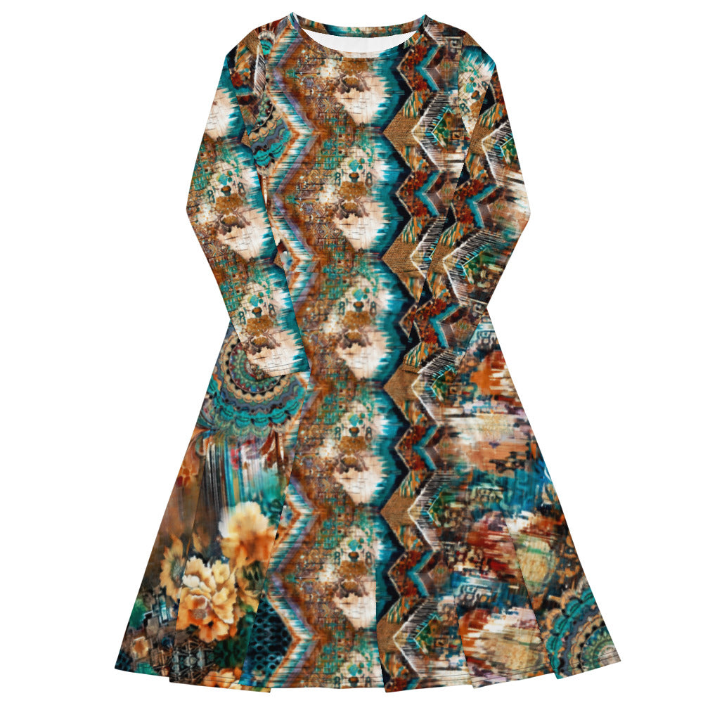 All-over print long sleeve midi dress 175