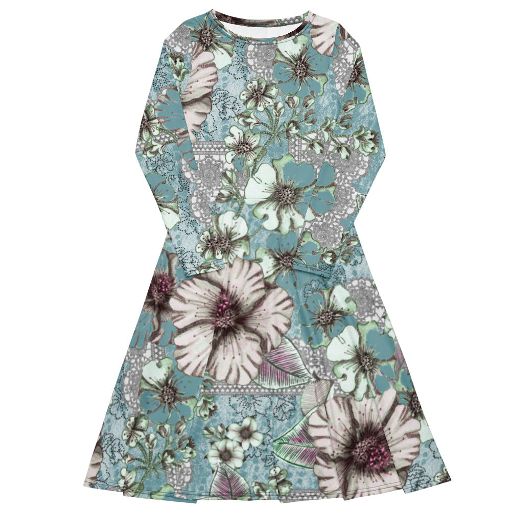 All-over print long sleeve midi dress Belle Bkl3