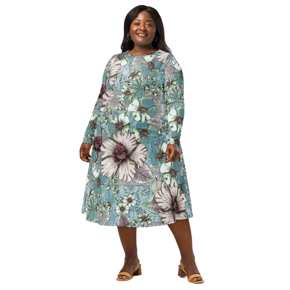 All-over print long sleeve midi dress Belle Bkl3