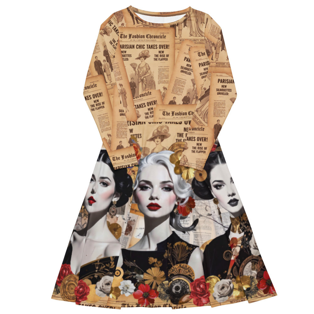 All-over print long sleeve midi dress 306Akl1