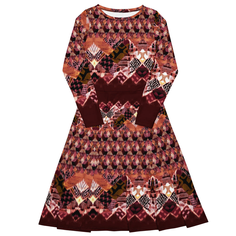 All-over print long sleeve midi dress 308B