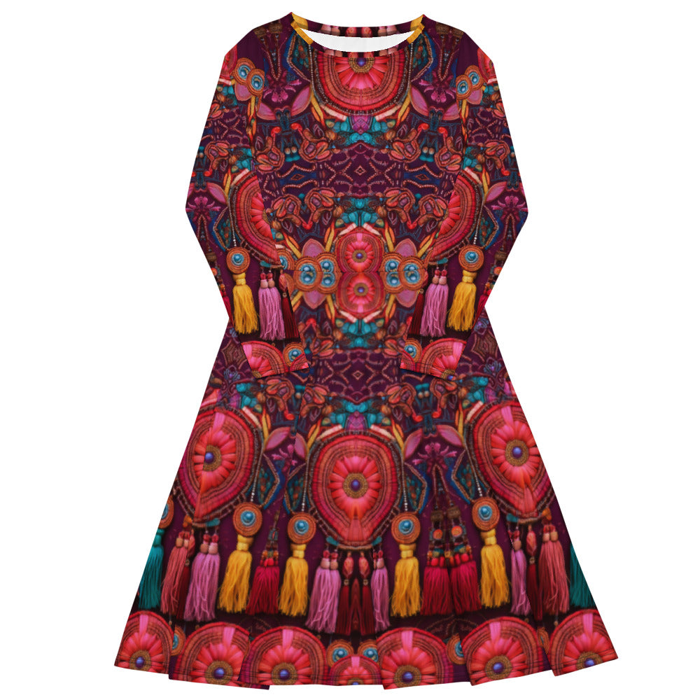 All-over print long sleeve midi dress 311B