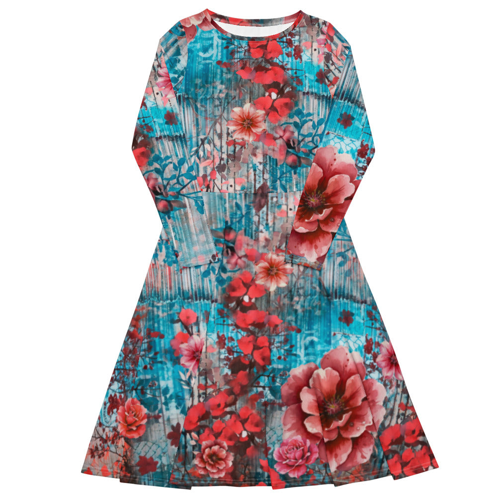 All-over print long sleeve midi dress 315C