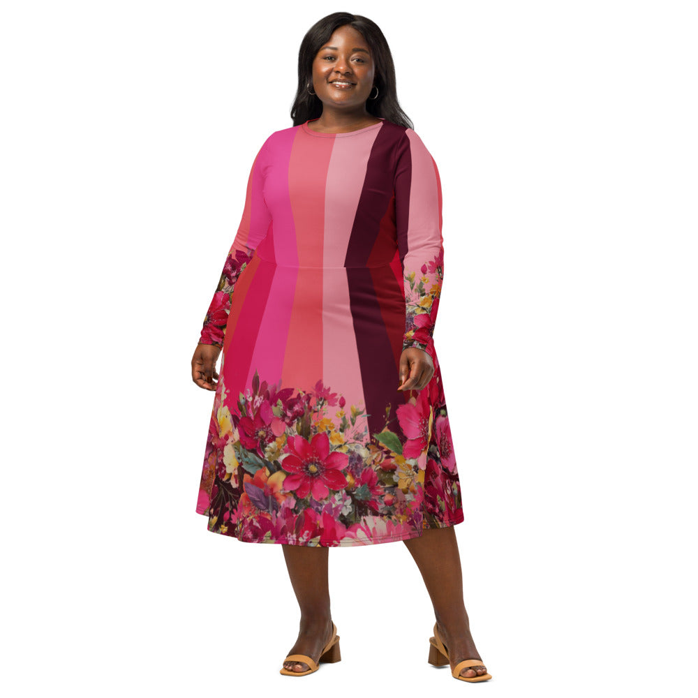 All-over print long sleeve midi dress 318C