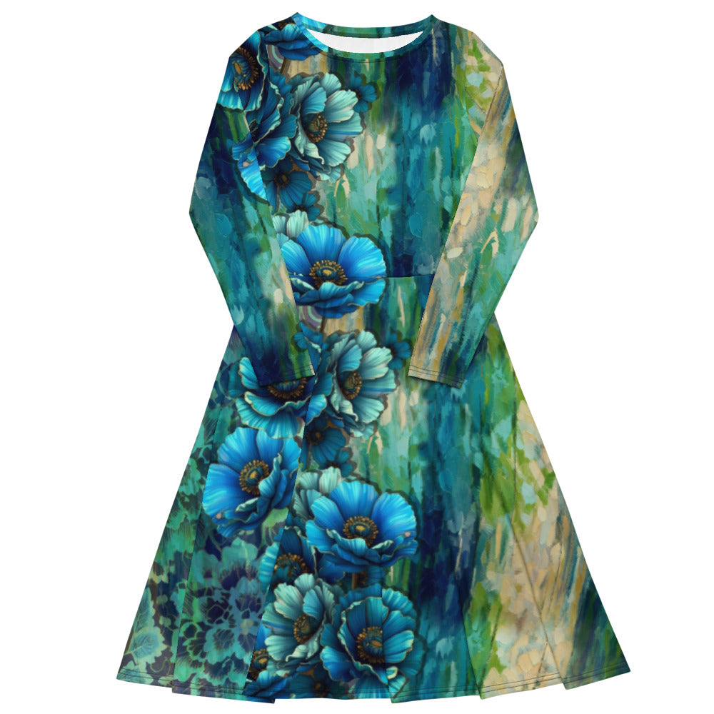 All-over print long sleeve midi dress 317