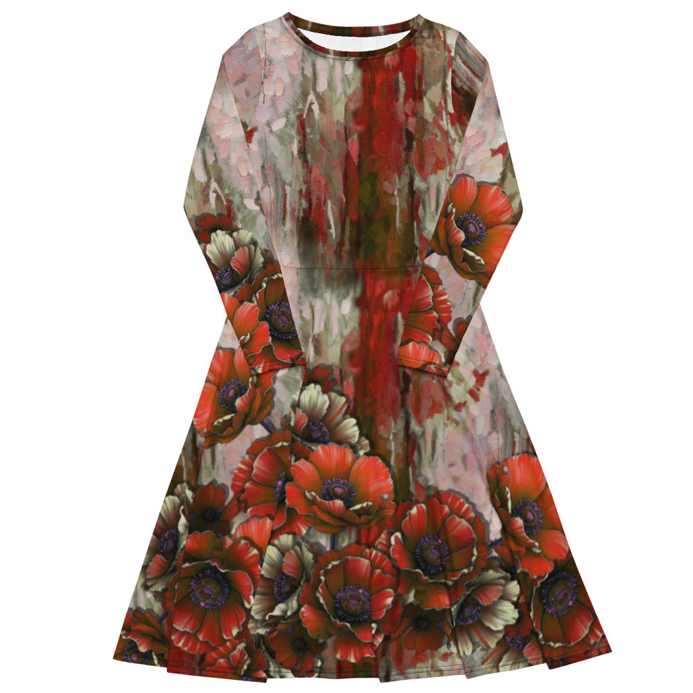 All-over print long sleeve midi dress 317Fkl2