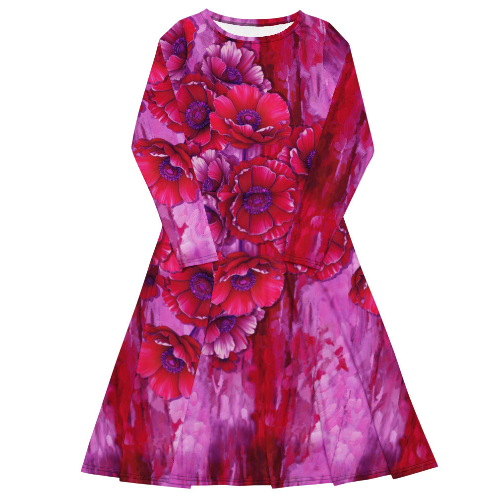 All-over print long sleeve midi dress 317Fkl3