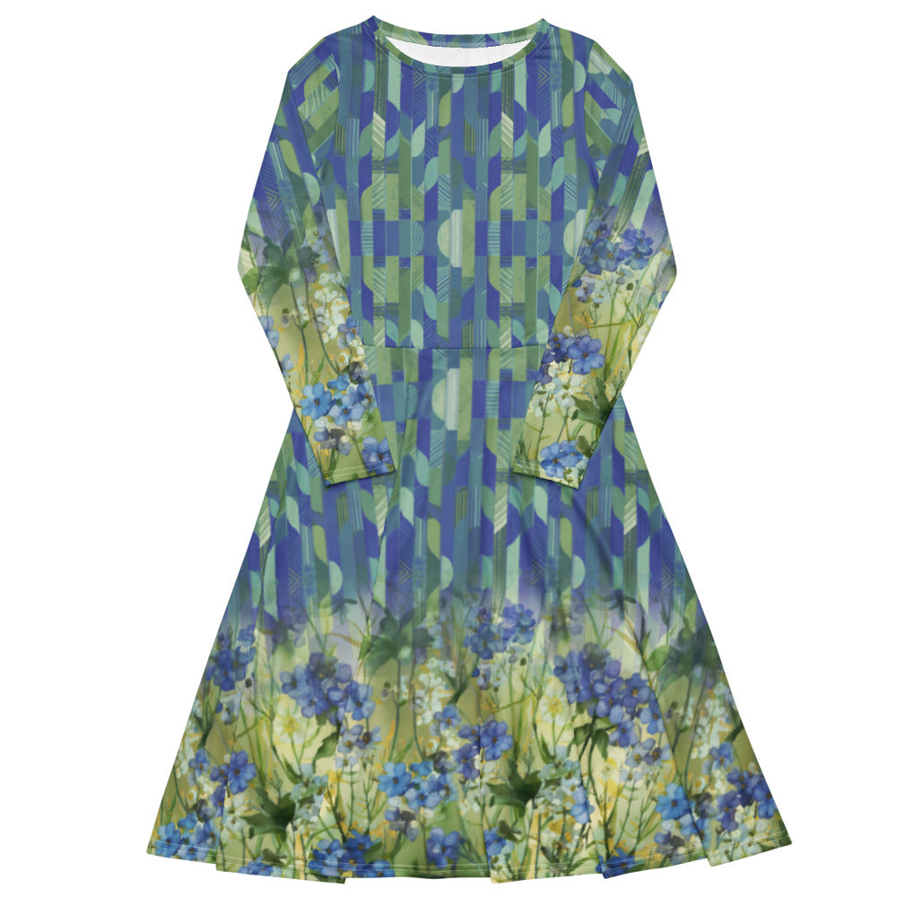 All-over print long sleeve midi dress 321Bkl3c