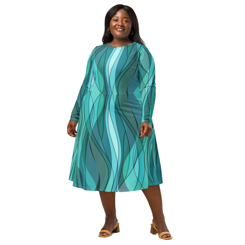 All-over print long sleeve midi dress 337Bkl2