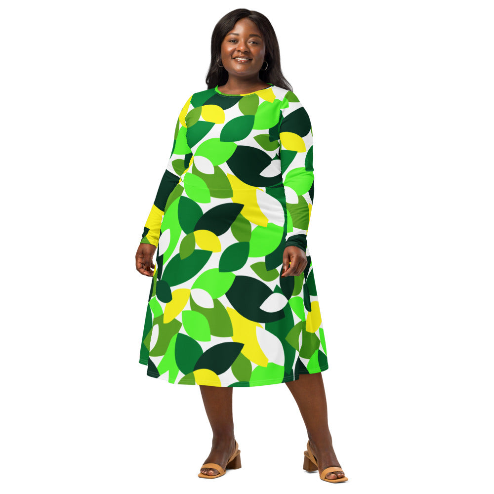 All-over print long sleeve midi dress 338kl1