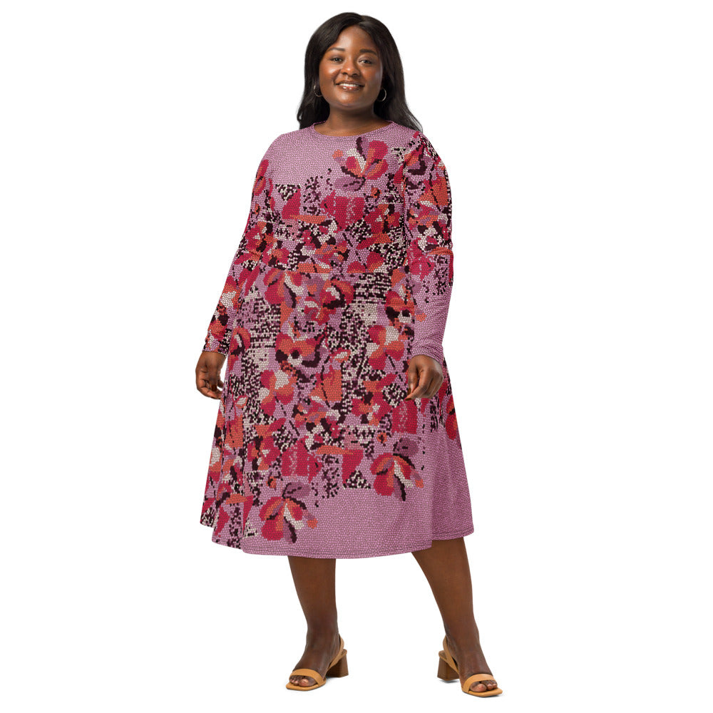 All-over print long sleeve midi dress 342kl2D