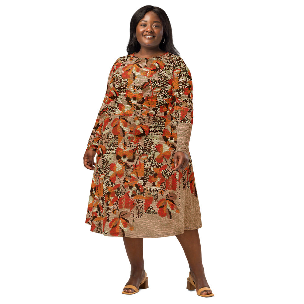 All-over print long sleeve midi dress 342kl3D