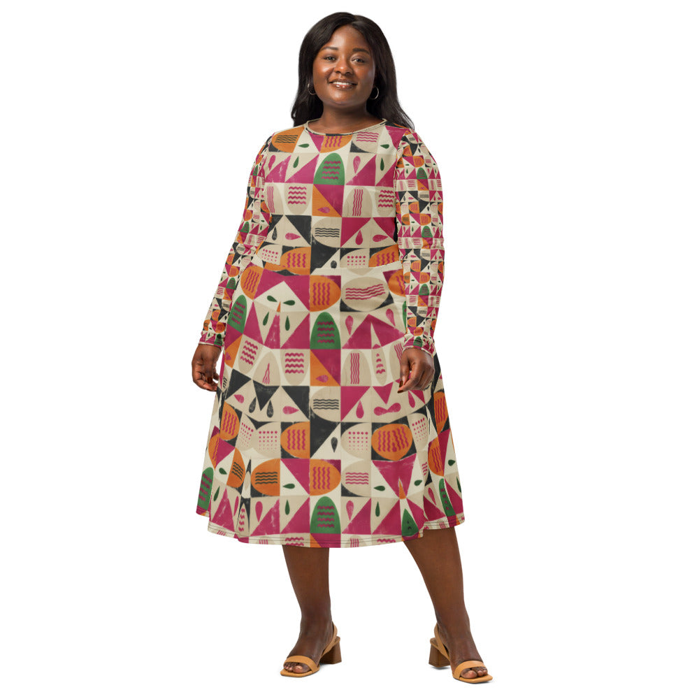 All-over print long sleeve midi dress 343Bkl1