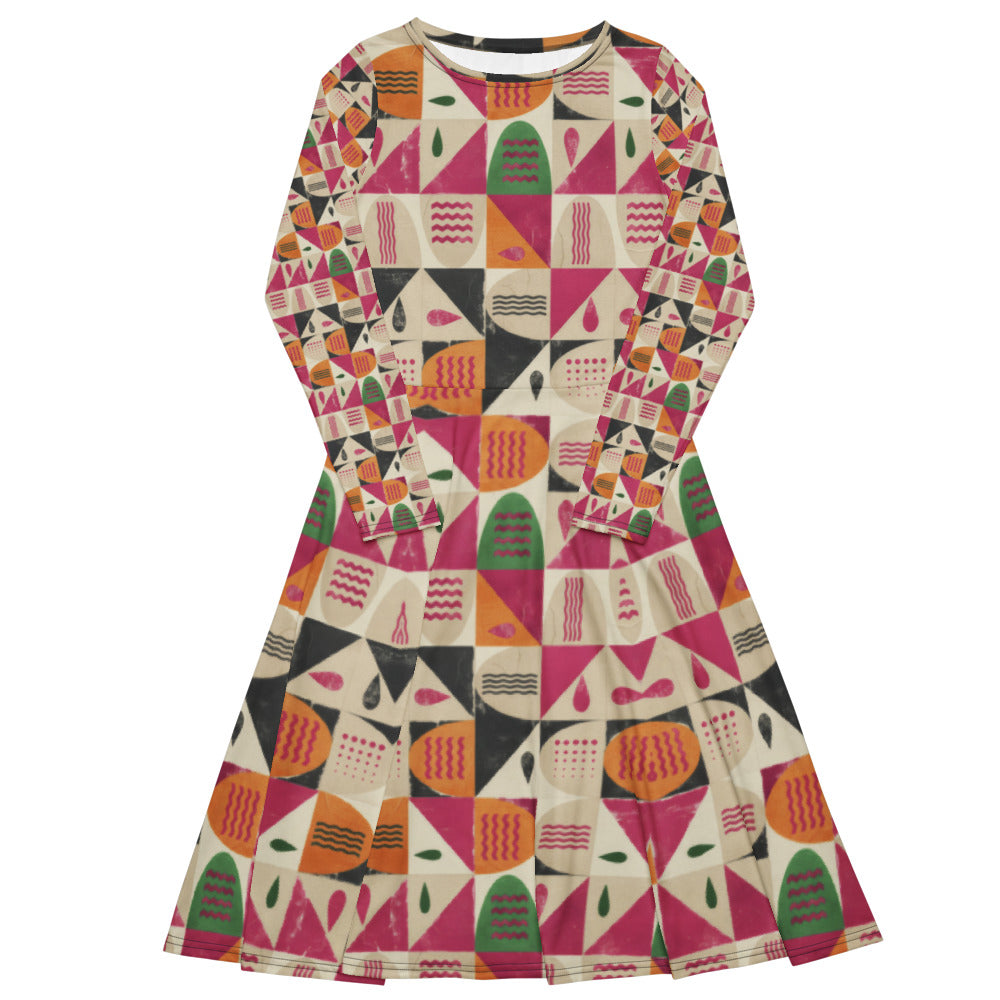 All-over print long sleeve midi dress 343Bkl1
